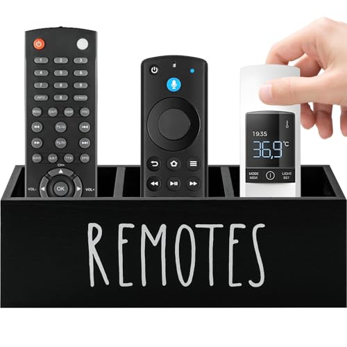 HAUYEST Organizador de control remoto de madera con 3 compartimentos, elegante soporte para control remoto de TV para mesa, mesita de noche o mesita de noche, caja de almacenamiento multimedia para