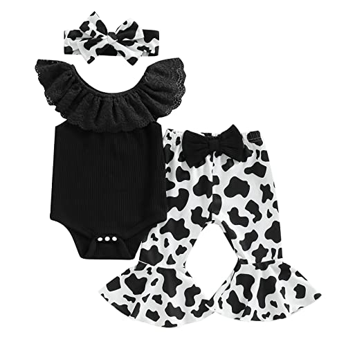 Image of Fernvia Infant Baby Girl Clothes Suspenders Short Sleeve Ribbed Romper Flared Pants Set Headband 3pcs Summer Outfit