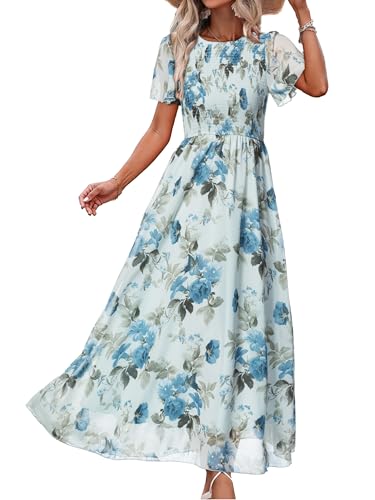 Image of Simplee Womens Casual Floral Summer Maxi Dress 2026 Boho Flowy Short Sleeve Crew Neck Vacation Smocked Chiffon Dresses