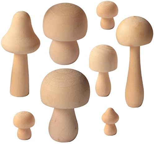 Wooden Mushroom Set, SPWOLFRT 8 Pack Natural Unfinished Mushrooms, Various Sizes Wood Mushroom Figures Mini Mushrooms for Arts and Crafts Projects, DIY Bookshelf Desk Home Decoration (8)