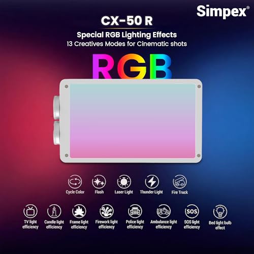 Image of Simpex CX 50R 50W RGB LED Video Light, 360 HUE, 2700K-7500K Bi-Color, 1-100% Dimmable, 13 FX Modes, 3200mAh Battery, OLED Display, Tripod & Diffuser