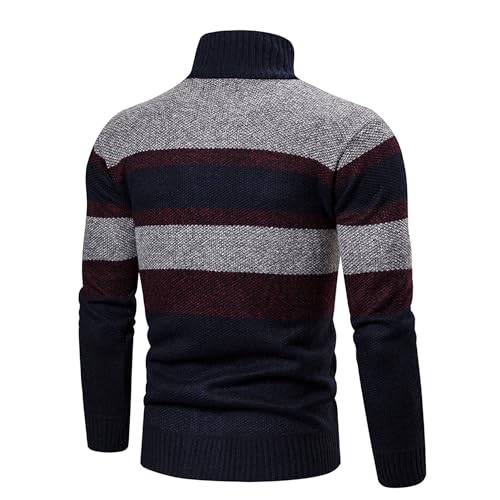 Men's Full Zip Striped Sweater Knit Stand Collar Zipper Long Sleeve Cardigan Tall Big Casual Knitwear Pockets Cardigans (Navy Blue,3X-Large)2