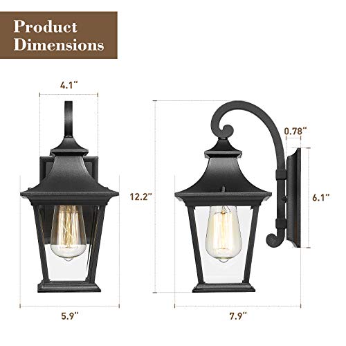 Emliviar Outdoor Porch Light, Modern Outside Wall Light Fixture For House Garage, Clear Glass In Black Finish, 12" Height, Xe219B Bk #TOP5