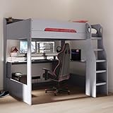 Flair Furnishings - Wooden High Sleeper Bed for Kids, Small Double Gaming Bed with Desk and LED Lighting, Heavy Duty and Sturdy, Space-Saving Design (Grey)