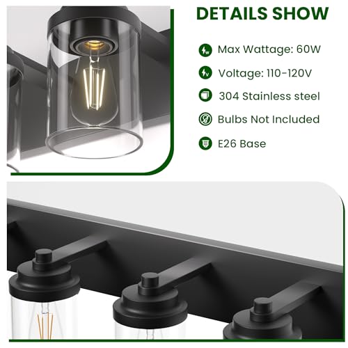 Image of Bathroom Vanity Light Fixture, 4-Light Modern Black Vanity Light Fixtures with Clear Glass Shade, Matte Black Bathroom Light Fixtures Over Mirror, Rustic Restroom Lighting Fixtures
