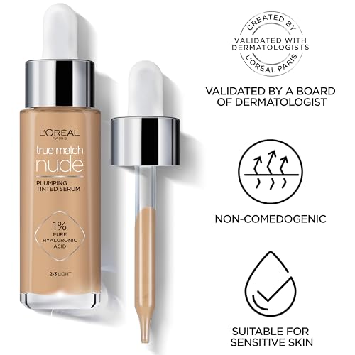 L'Oreal Paris True Match Nude Plumping Tinted Serum, 1% Hyaluronic Acid, Instantly Evens, Brightens, and Hydrates Skin Shade 2-3, Light