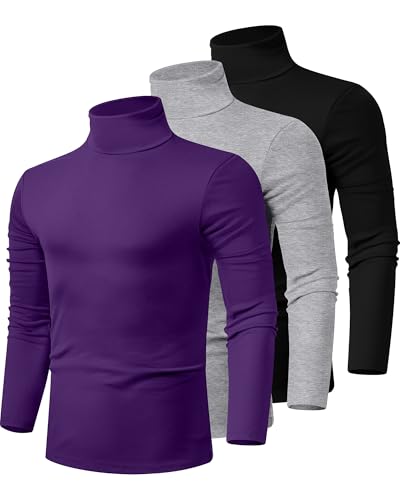 Ficerd 3 Pack Men's Turtleneck Shirts, Long Sleeve Cotton Pullover Sweaters Mock Neck Knitted T-Shirt Basic Slim Fit Tops
