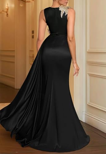 Sheath/Column Elegant Evening Dress Floor Length Sleeveless Jewel Neck Satin Wedding Guest Dress with Embroidery 20253