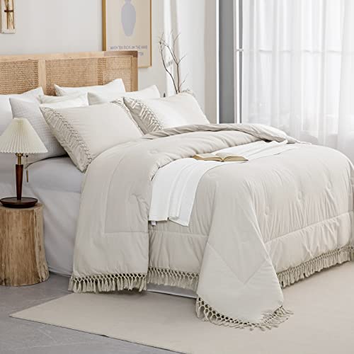 100% Washed Cotton Comforter Set & Super Soft Fluffy Microfiber Comforter Set-Beige Boho Bedding Comforter #TOP1