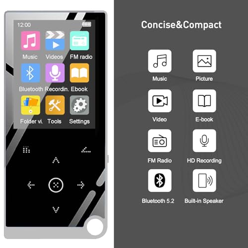136GB MP3 Player with Bluetooth 5.2, Mini Silver Music Player Built-in Speaker with 2.4" Large Screen, FM Radio, Voice Recorder, HiFi Sound, E-Book Function, Earphones Included