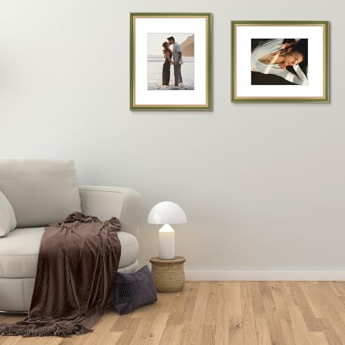 Image of Golden State Art,16x20 Ornate Picture Frame Holds 11x14 Photo,Green Gold | Includes plexiglass front,white mat,build-in hangers and buttons.Displays 11x14 photo on wall