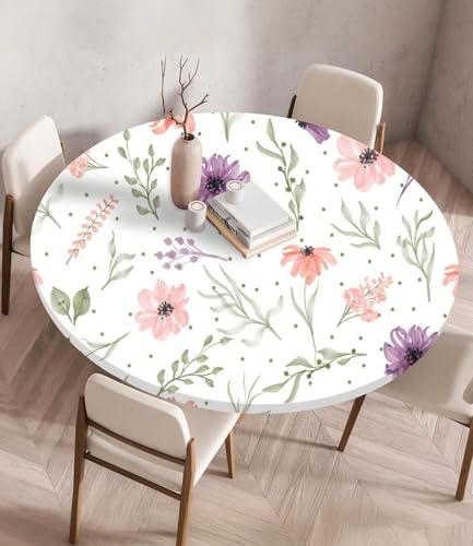 Highdi Nappe de Table Ronde avec Bord Élastique, Nappe Ronde Anti-Tache Antidérapante Exterieur Table Protection Extensible pour Cafe Cuisine Fête Table...