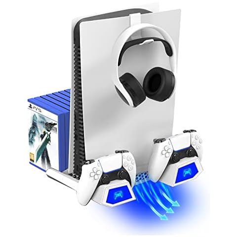 DR.VIVA 2022 Standfuß mit Ladestation für PS5 Zubehör, Controller Ladestation mit Kühler Headset Halterung Vertical Stand mit Lüfter für Playstation 5 Konsole (Weiß) Cover