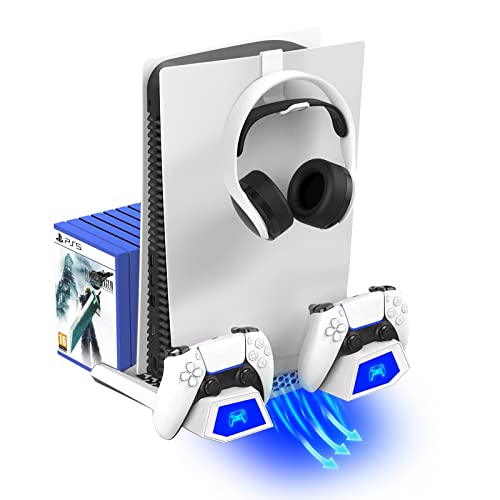 DR.VIVA 2022 Standfuß mit Ladestation für PS5 Zubehör, Controller Ladestation mit Kühler Headset Halterung Vertical Stand mit Lüfter für Playstation 5 Konsole (Weiß) Cover