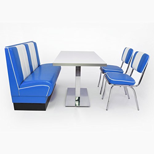 möbelland24 American Diner Sitzgruppe blau: Sitzbank Viber 120cm + Diner Tisch + 2X Retro Stuhl