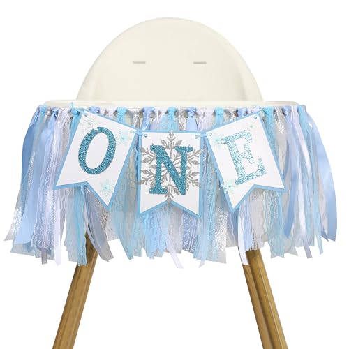 Winter Onederland High Chair Banner & Cake Topper Set for 1st Birthday - Winter Snowflake Themed Decorations, First Birthday Party Decor for Baby Boy or Girl (Blue & Silver) by WAUAO - Image 6