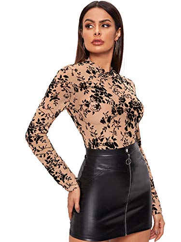 Sweatyrocks Women's Long Sleeeve Mesh Shirt Floral Sheer See Through Top Blouse Multicolor #6 S #TOP3