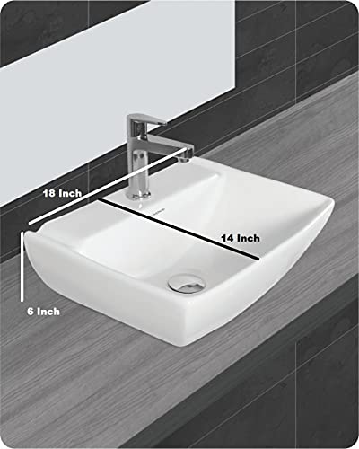 Image of Wash Basin Table Top Over Counter Vessel Sink Glossy Finish White Sink for Bathroom (18 x 14 x 6 Inch)