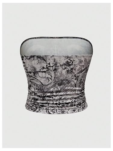 SHENHE Women's Strapless Rhinestone Cross Print Goth Punk Y2k Ruched Crop Tube Top2