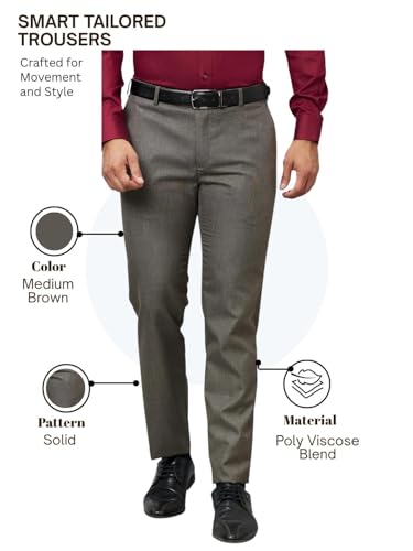 Image of Raymond Men Slim Fit Solid Pattern Poly Viscose Blend Flat Front Formal Trouser