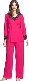 بيجامة قطن وملابس نوم مطعمة بالجبير الاسود للنساء، لون فوشيا