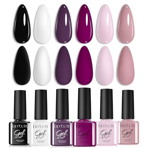 Lily'cute - Esmalte de gel UV semipermanente, color blanco negro, 6 colores púrpura, morado claro, Soak Off UV LED manicura, Nail Art 7 ml