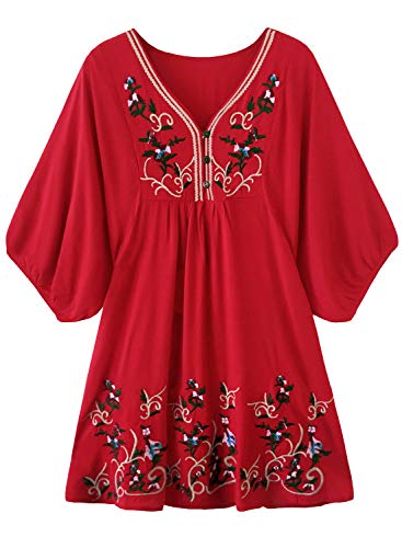 Women s Floral Embroidery Mexican Dresses Tunic Shirt Bohemian Flowy Shift Mini Blouse Top Bright Red