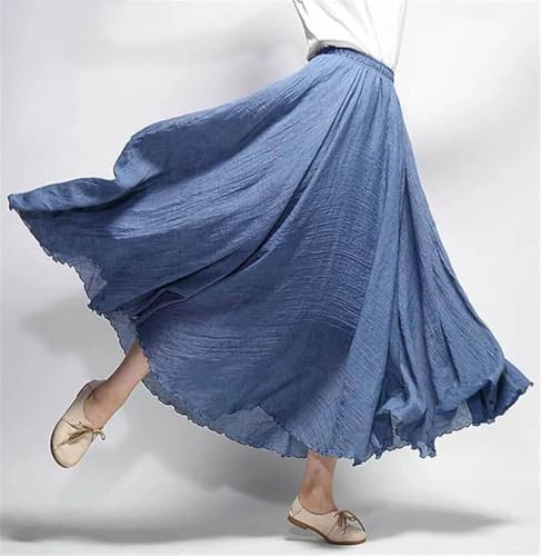 Women's Elegant High Waist Linen Maxi Skirt Ladies Elastic Waist 2 Layers Boho Skirts2