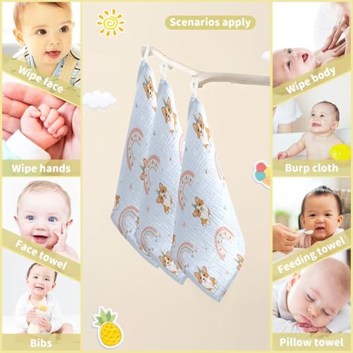 Image of vvfelixl Corgi Hearts Rainbows Baby Burp Cloths Baby Muslin Washcloths for Boys Girls Cotton Baby Face Towel for Newborn Infants Soft and Absorbent 11.8 X 11.8 in, 5 Pack