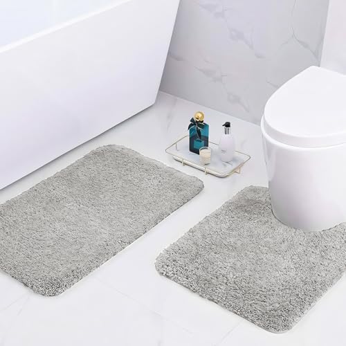 wyewye Mikrofaser-Badematten, 2 cm super dicke Badteppiche, super saugfähige Badezimmerteppiche 50x80 cm und 50x50 cm U-Form, Hellgrau