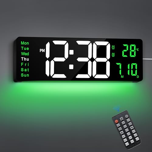 Image of Maxstar 16 inch Digital Wall Clock with Remote, 2 Alarms, DST, Date, Week, Dimmer,Large Digital Clock With Temperatur,Jumbo Number,LED Display,Night Light for Living Room,Kitchen,Garage,Gym,Desk (Green)