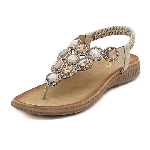 Image of Sandals Womens Ladies Flip Flops Summer Flat Leather Sandal Toe Post Bohemian Walking Sandals, 8 UK, Beige