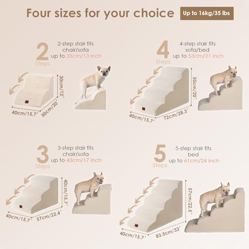EHEYCIGA Hundetreppe für Kleine Hunde 50 cm Hoch, Haustiertreppe für Sofa Bett, Treppe für Hunde aus Hochdichtem Schwamm, Hunderampe mit Waschbarem Bezug und Rutschfestem Boden, 4 Stufen, Beige