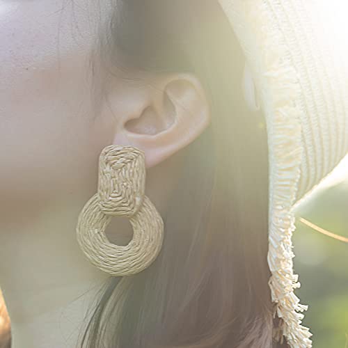 Statement Boho Rattan Dangle Earrings - Handmade Straw Wrap Summer Drop Dangling Earrings for Women2