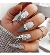 Christmas Press on Nails Medium Almond Fake Nails Snowflake False Nails Grey Ombre Matte Acrylic ...