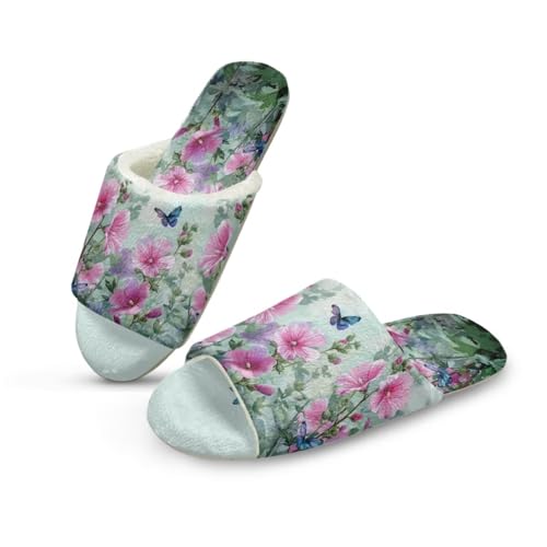 Flower Theme Print Slipper for Woman Fuzzy Soft Indoor Shoes Open Toe House Slippers