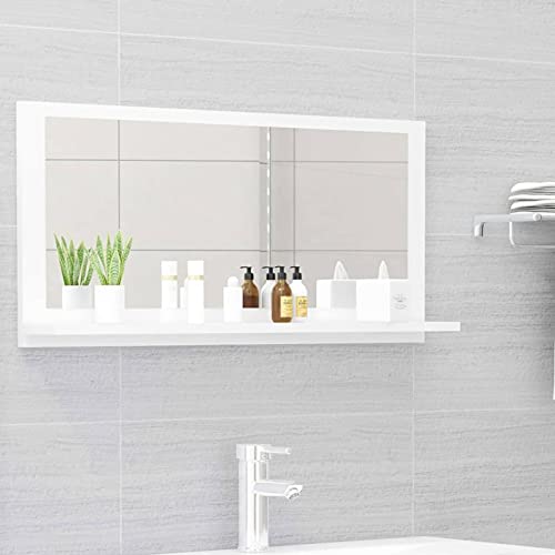 Tidyard Espejo Baño Espejo de Pared Espejo de baño con baldas Pared Espejo con estantes de Pared Espejo Decorativo para Cocina Dormitorio Sala de Estar aglomerado Blanco Brillante 80x10,5x37 cm Cover