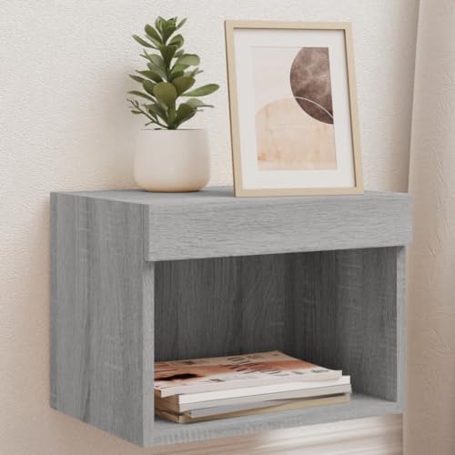 Table de chevet murale grise avec LED haute brillance et tiroirs de rangement pour chambre