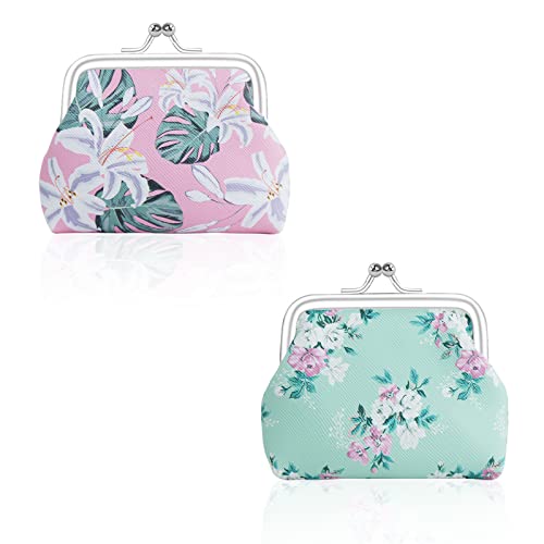 Image of FuninCrea 2 Pcs Faux Leather Coin Purse for Women with Kiss Lock, Floral Pattern Change and Coin Wallet Double Clasp Closure Mini Wallet for Cash Key(Green+Bright Pink)