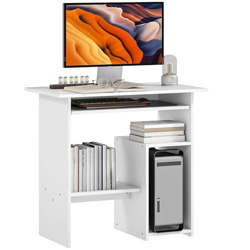 HOMCOM Schreibtisch, 80 x 45 cm, Computertisch, Bürotisch mit Tastaturablage, offenen Fächern und Ablageflächen, Spanplatte, für Home Office, Schlafzimmer, Weiß