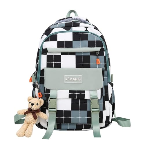 jupkem Mochila feminina Kawaii xadrez preta e branca com pingente fofo de grande capacidade para viagem casual, Verde, 17.32 Inches X 11.42 Inches X 5.91 Inches, Casual