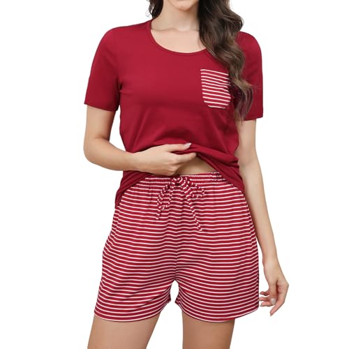 TeJoyce Pyjamas, dam, kort, bomull, pyjamas-set, kortärmad, tvådelad Shorty-pyjamas för sommar, nattkläder, ränder, loungewear, pyjamasbyxor med fickor, Vinröd, M