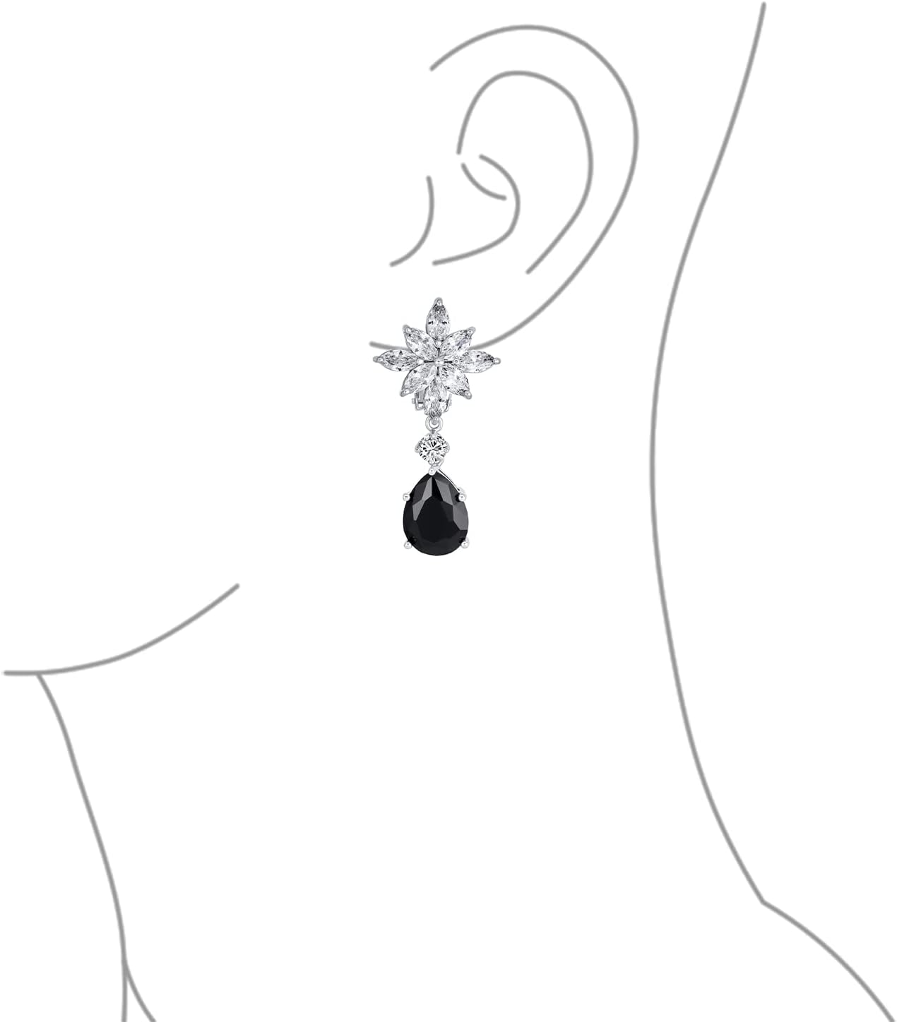 Bridal Art Deco Style Cluster Floral AAA CZ Red Or Black Statement Dangle Teardrop Chandelier Clip On Earrings For Women Simulated Ruby Onyx Silver Plated
