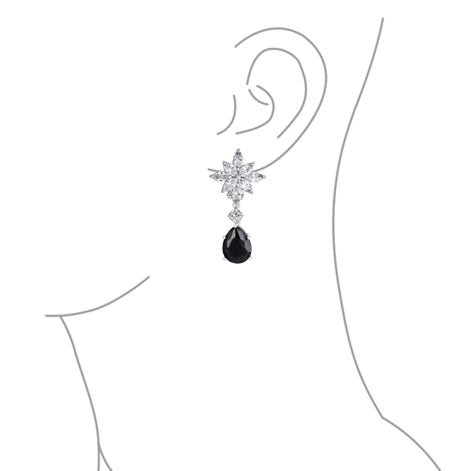 Cluster Floreale Aaa Cz Rosso O Nero Di Stile Art Deco Nuziale Dichiarazione Dangle Teardrop Chandelier Clip On Orecchini Per Le Donne Simulato Ruby Onyx Argento Placcato