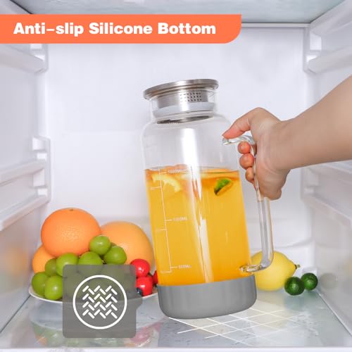 Glass Pitcher with Lid, 68oz Water Pitcher with Silicone Base and Precise Scale Line, Ice Tea Pitcher for Fridge, Anti-Slip and Easy to Clean, Glass Jug for Sun Tea Juice Coffee Milk Beverage (Gray) - Thumbnail 2