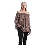 ETOSELL Women's Chiffon Blouses Long Sleeve Casual Off The Shoulder Tops Leopard Print Ruffle Loose