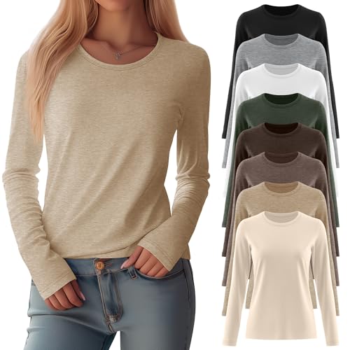 8 Pack Womens Long Sleeve Shirts Casual Basic Tops Crew Neck Undershirts Stretch Layering Tee Shirts 2025 Fall