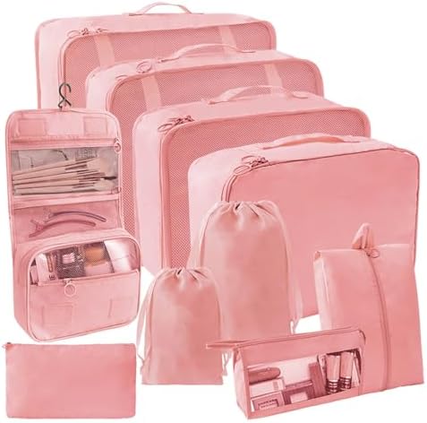SLMT 10 Set Packing Cubes for Suitcases, Luggage Organizer Bags for Carry On, Travel Bags Organizer for Luggage, Must Have Travel Essentials for Women and Men (Pink)