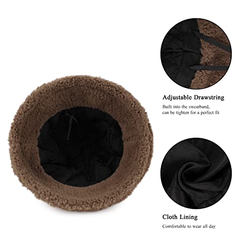 Winter Plush Fuzzy Bucket Hat Faux Fur Shearling Fisherman Hats For Women (Bear Ear Brown) #TOP2
