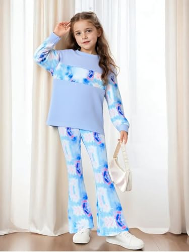 Image of OLMRJKD Girls 2 Piece Outfits Long Sleeve Letter Printed Sweatshirt & Flared Pants Fall Clothing Set Size 7-14 Years